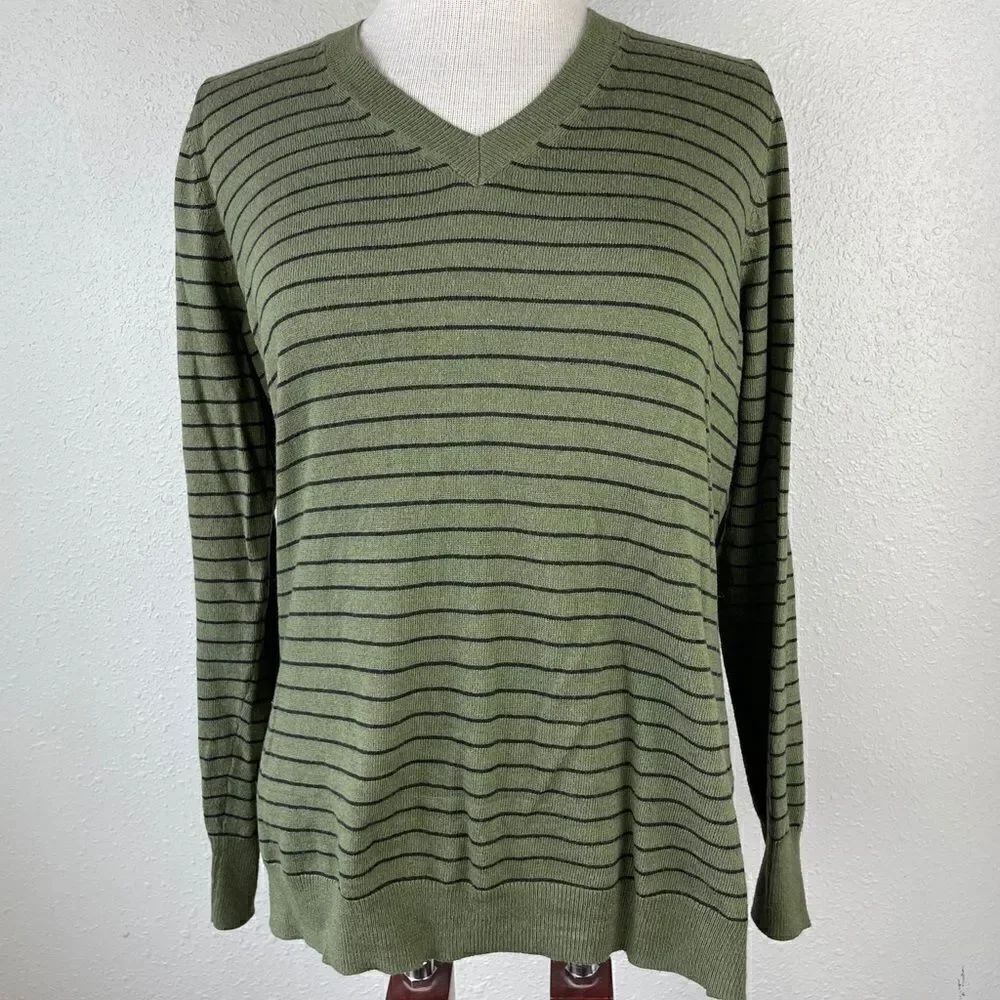 Worthington Green Striped V Neck Sweater EUC